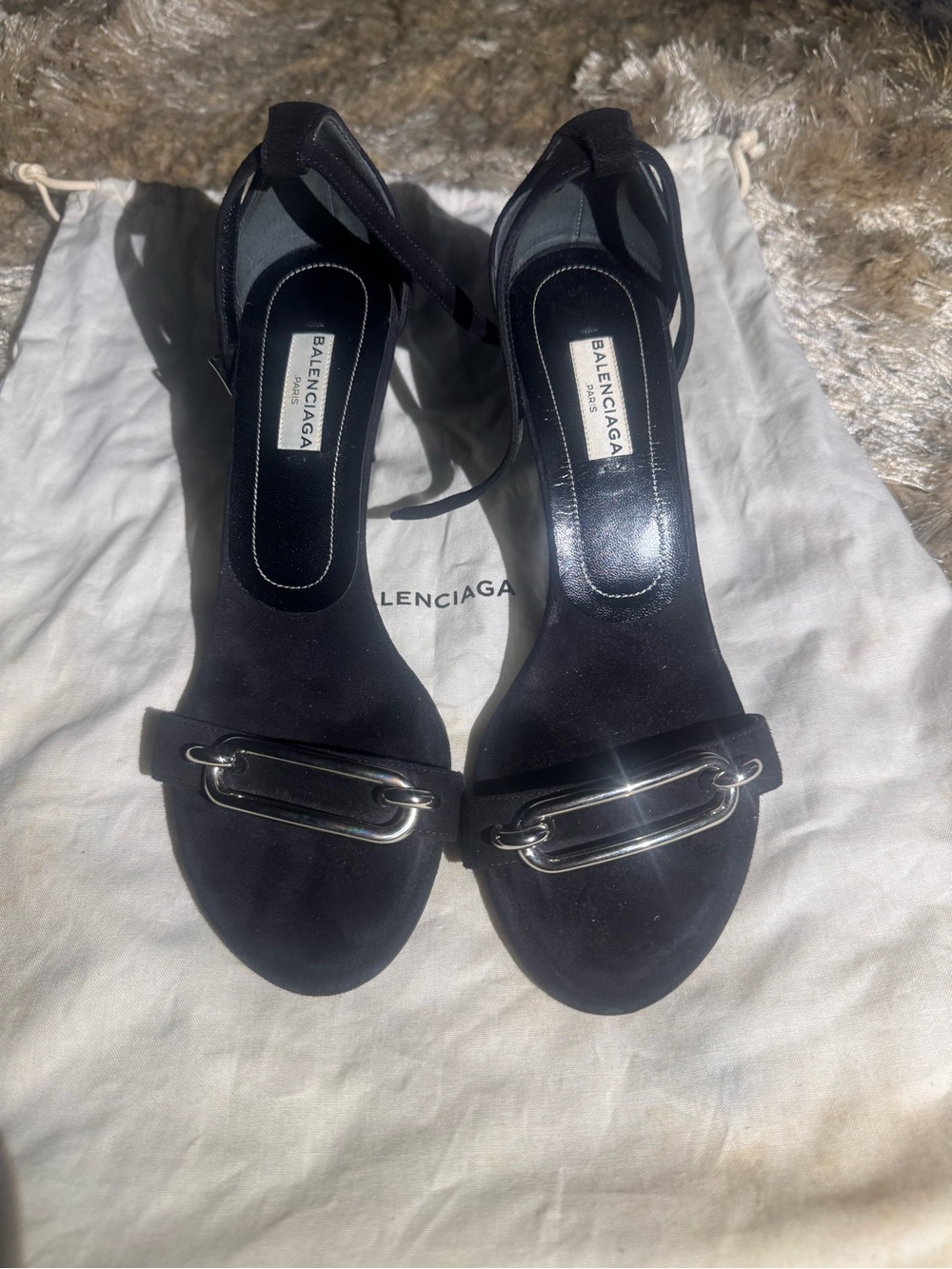 Balenciaga Black Suede Ankle-Tie Heel Sandals with Silver Hardware